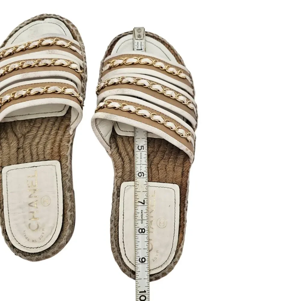 Chanel Chain Espadrille Flat Slide Sandal Beige White Leather Size 36 C US 5 5.5